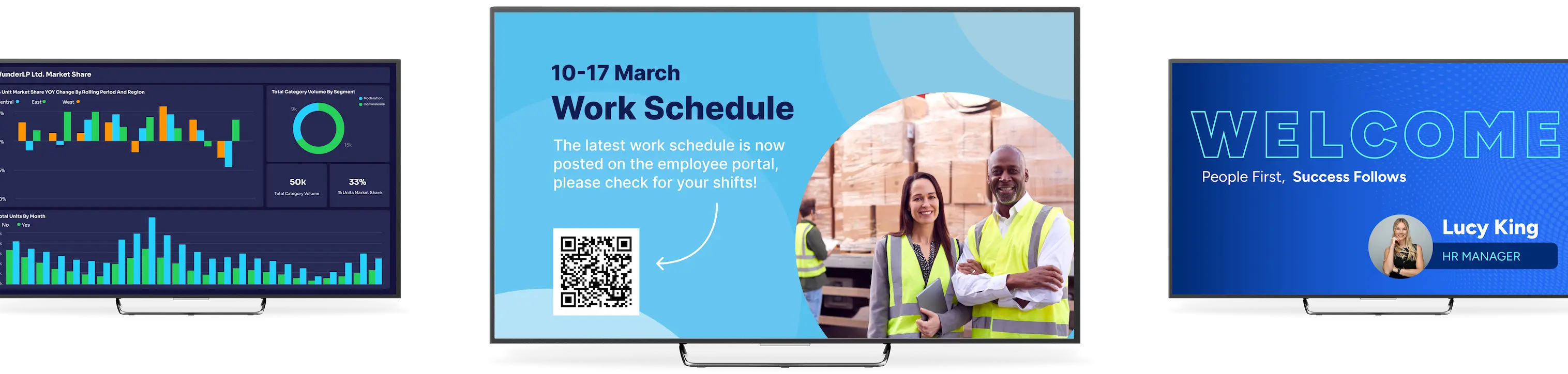 Screens showing a dashboard, a work schedule, and a welcome message